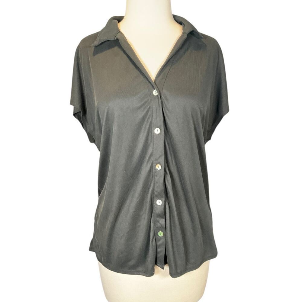Vintage Y2K Black Button Front Blouse Cap Sleeve Draped Top Green Envelope M